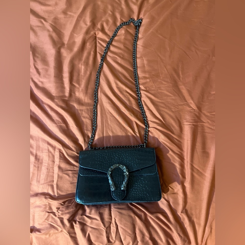 DEEPMEOW Black Leather Shoulder Chain Purse